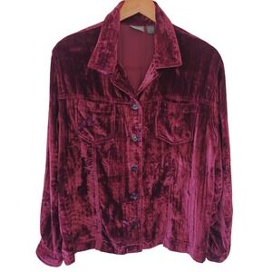 Additions by Chico's Burgundy Crushed Velvet Button Down Shirt Jacket Sz 3 L XL